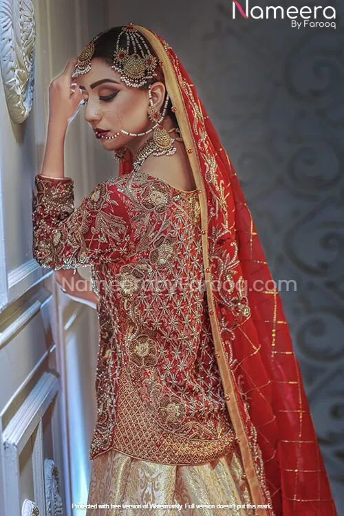 Embroidered Golden Red Pakistani Wedding Dresses #BN108