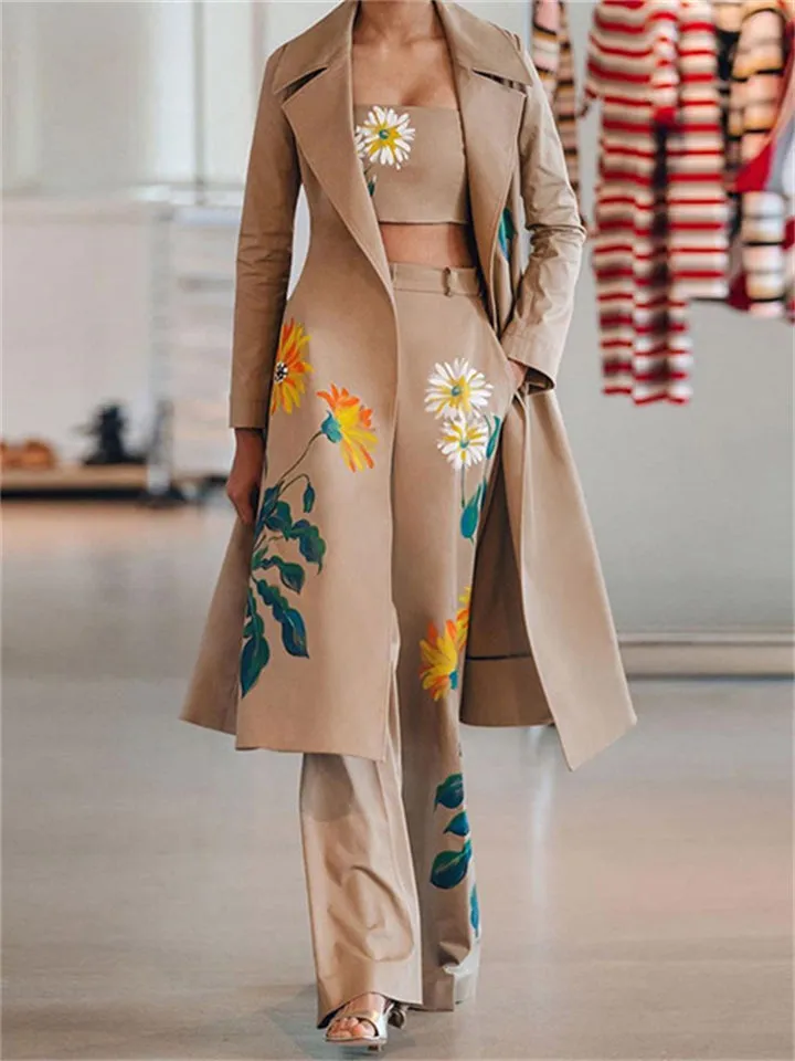 Floral Printed Long Coat Tank Top Pants Outfits 3 Pieces Sets