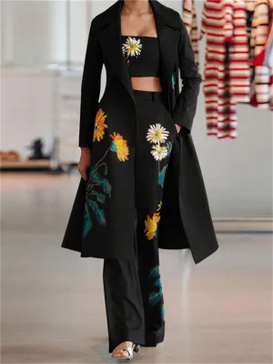 Floral Printed Long Coat Tank Top Pants Outfits 3 Pieces Sets