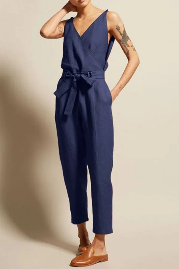 Front Tie Sleeveless V Neck Jumpsuits