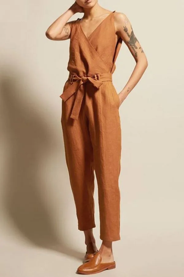 Front Tie Sleeveless V Neck Jumpsuits