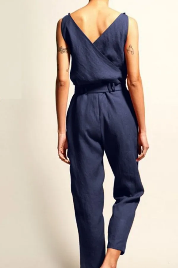 Front Tie Sleeveless V Neck Jumpsuits