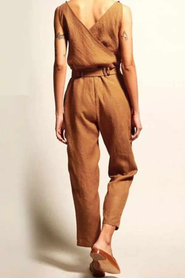 Front Tie Sleeveless V Neck Jumpsuits