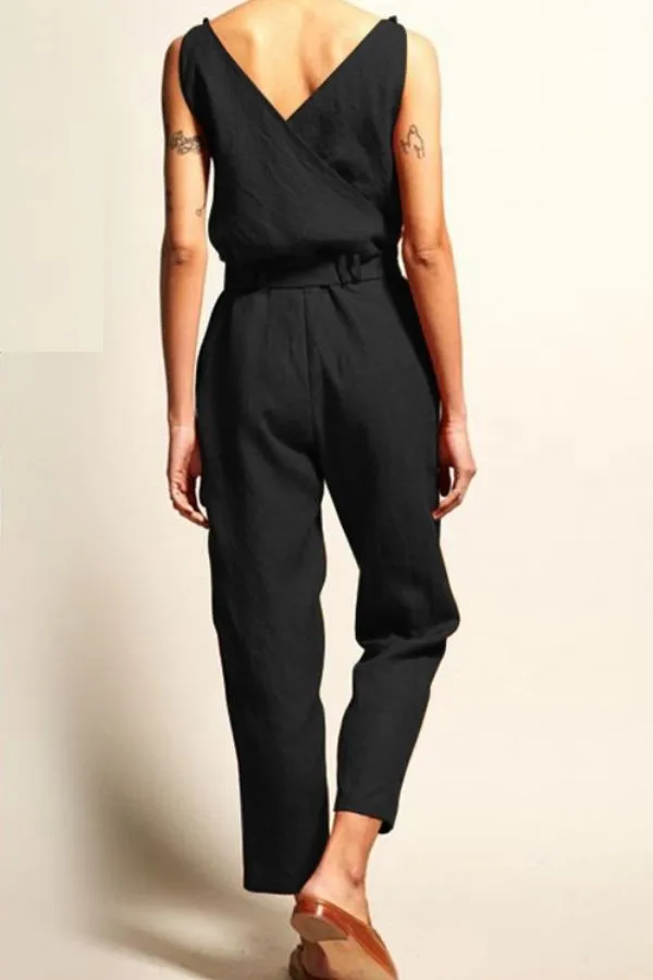Front Tie Sleeveless V Neck Jumpsuits