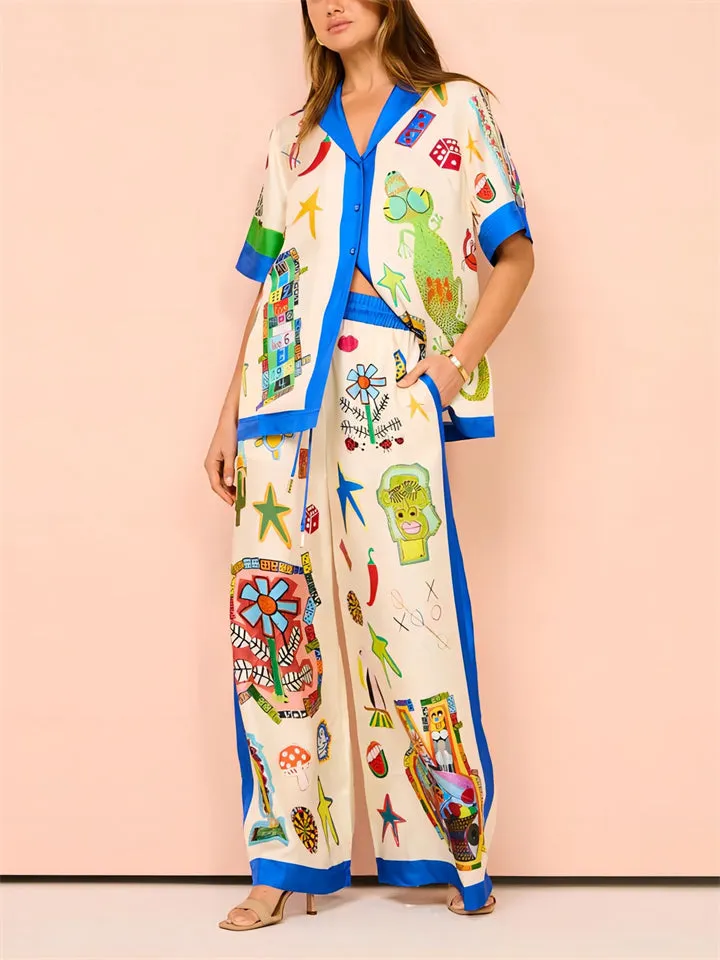 Funny Cartoon Print Contrast Color Shirt   Loose Pants for Women