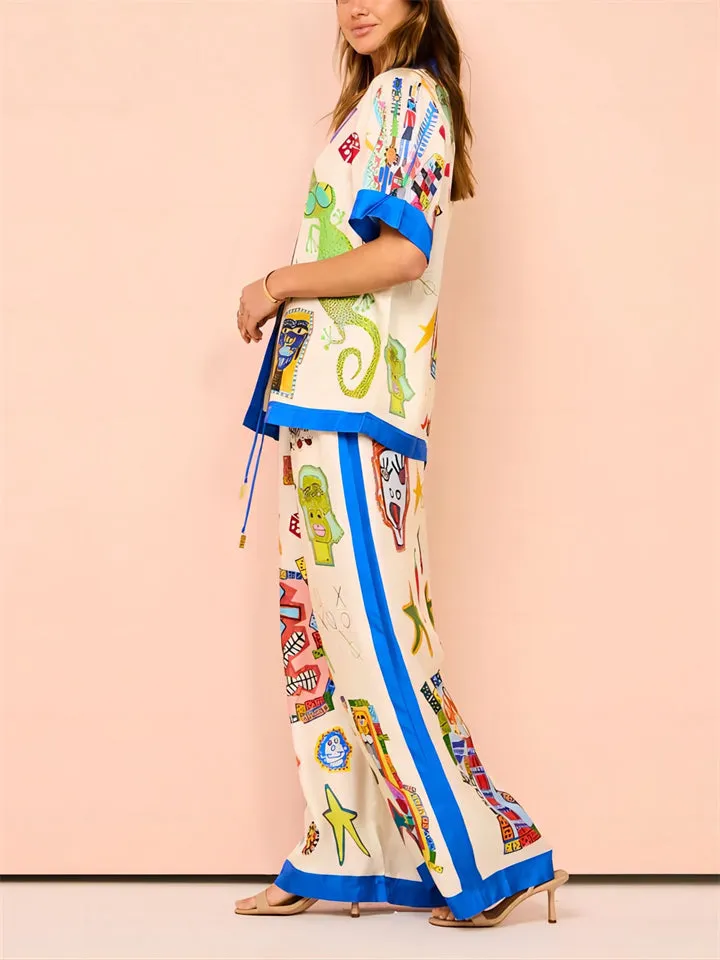 Funny Cartoon Print Contrast Color Shirt   Loose Pants for Women