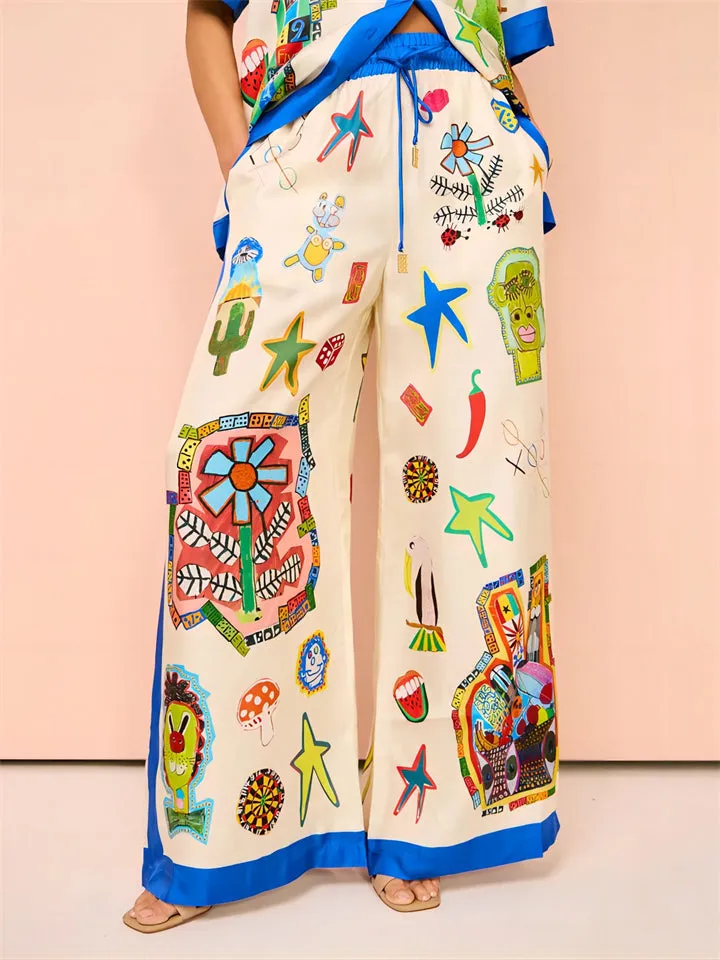 Funny Cartoon Print Contrast Color Shirt   Loose Pants for Women
