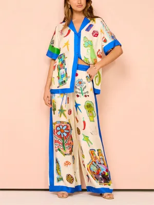 Funny Cartoon Print Contrast Color Shirt   Loose Pants for Women