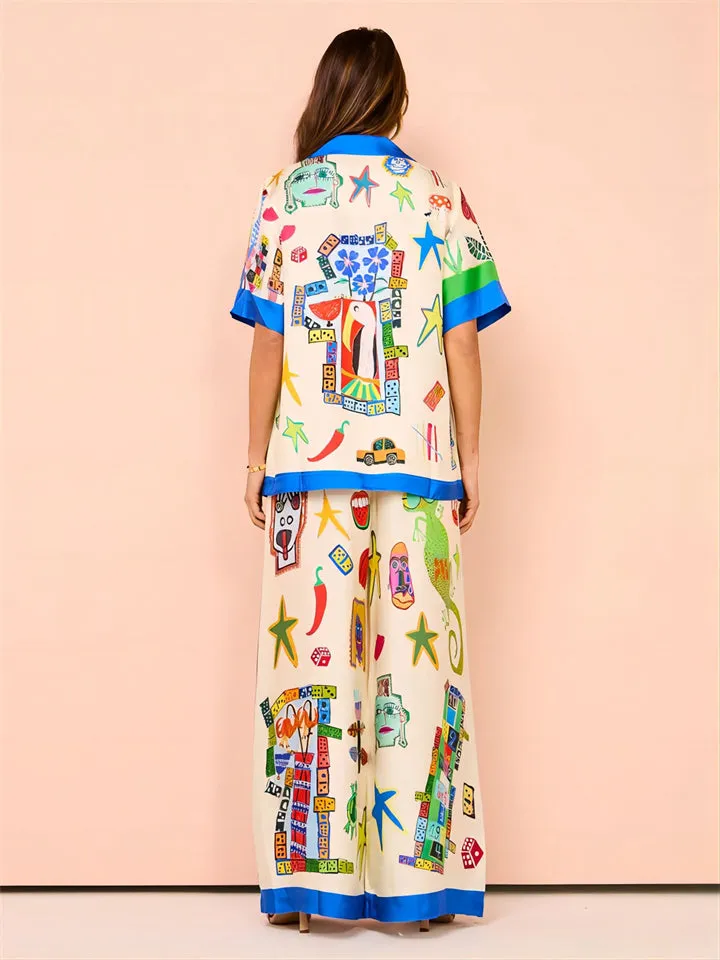 Funny Cartoon Print Contrast Color Shirt   Loose Pants for Women