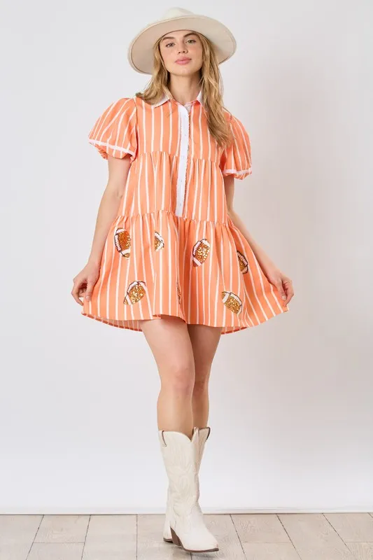 Game Day Sequin Footballs Stripe Shirt Dress.