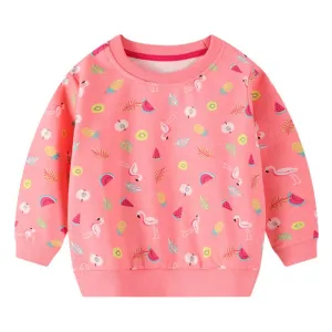 Girls Flamingo Fruits Print Cotton Sweatshirt - Bright Peach