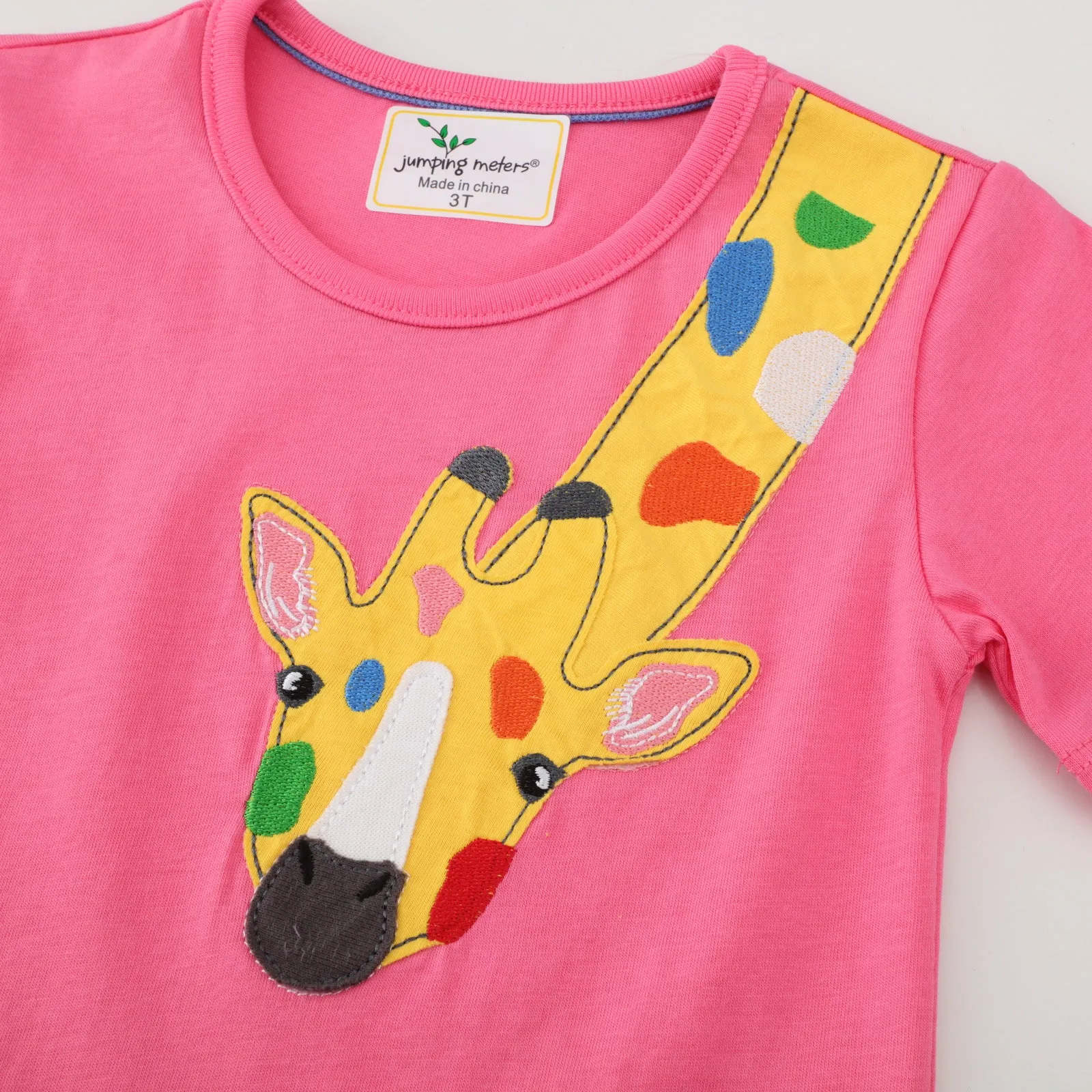 Girls Summer Short Sleeve Cotton T-shirt with Animals Embroidery - Fuchsia