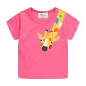 Girls Summer Short Sleeve Cotton T-shirt with Animals Embroidery - Fuchsia