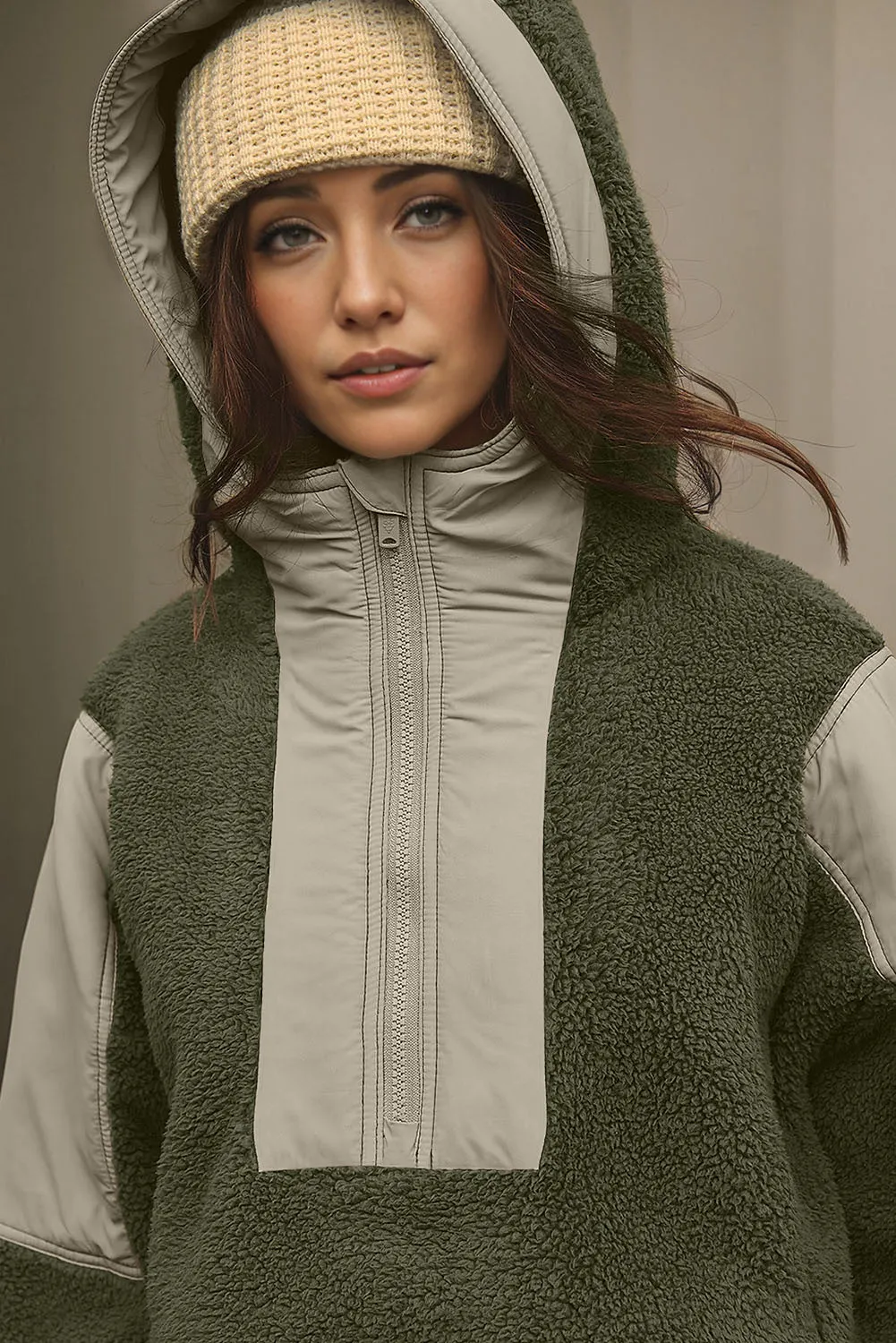 Green Contrast Patchwork Zip Neck Fleece Hoodie