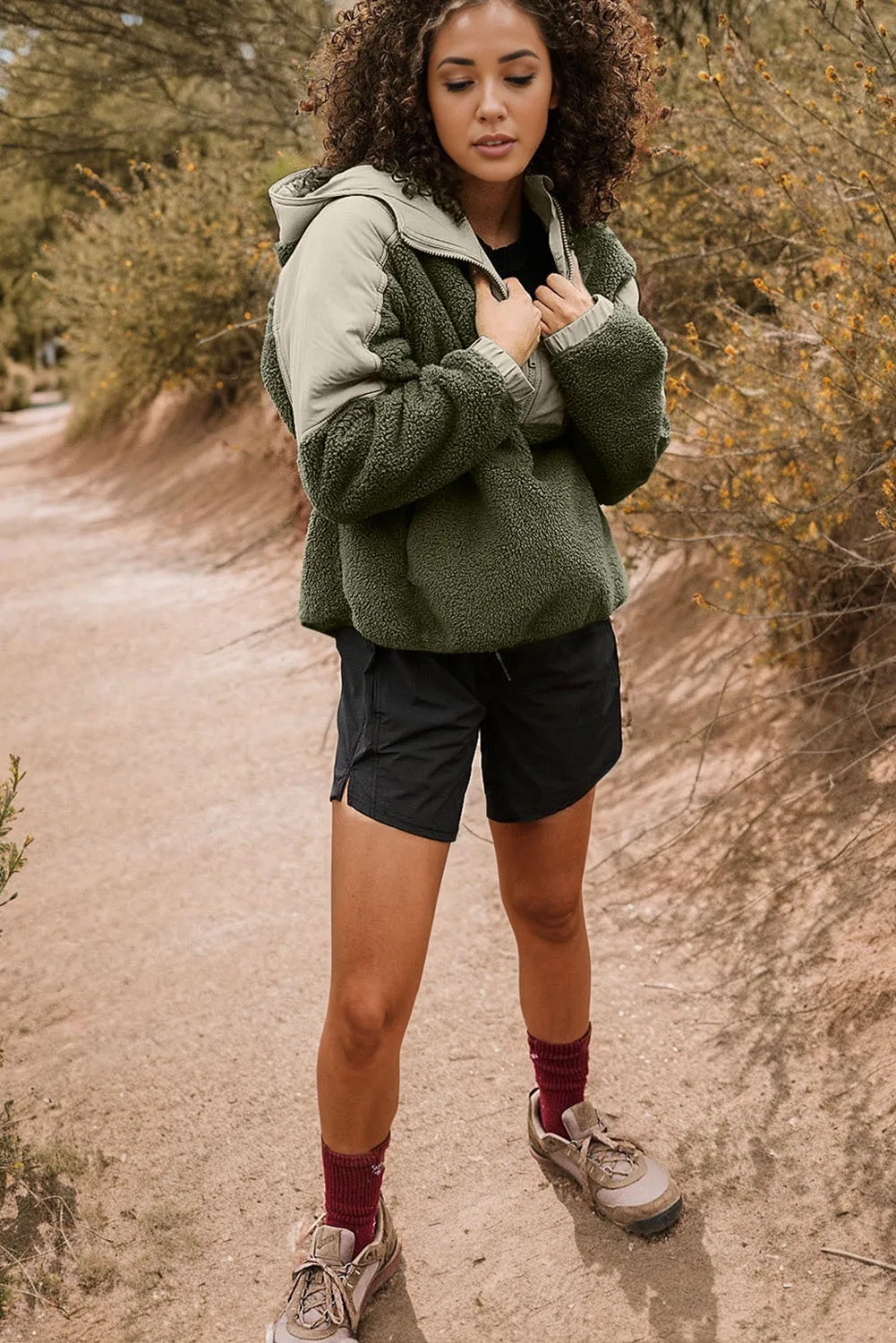 Green Contrast Patchwork Zip Neck Fleece Hoodie
