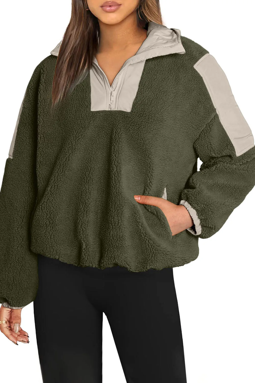 Green Contrast Patchwork Zip Neck Fleece Hoodie
