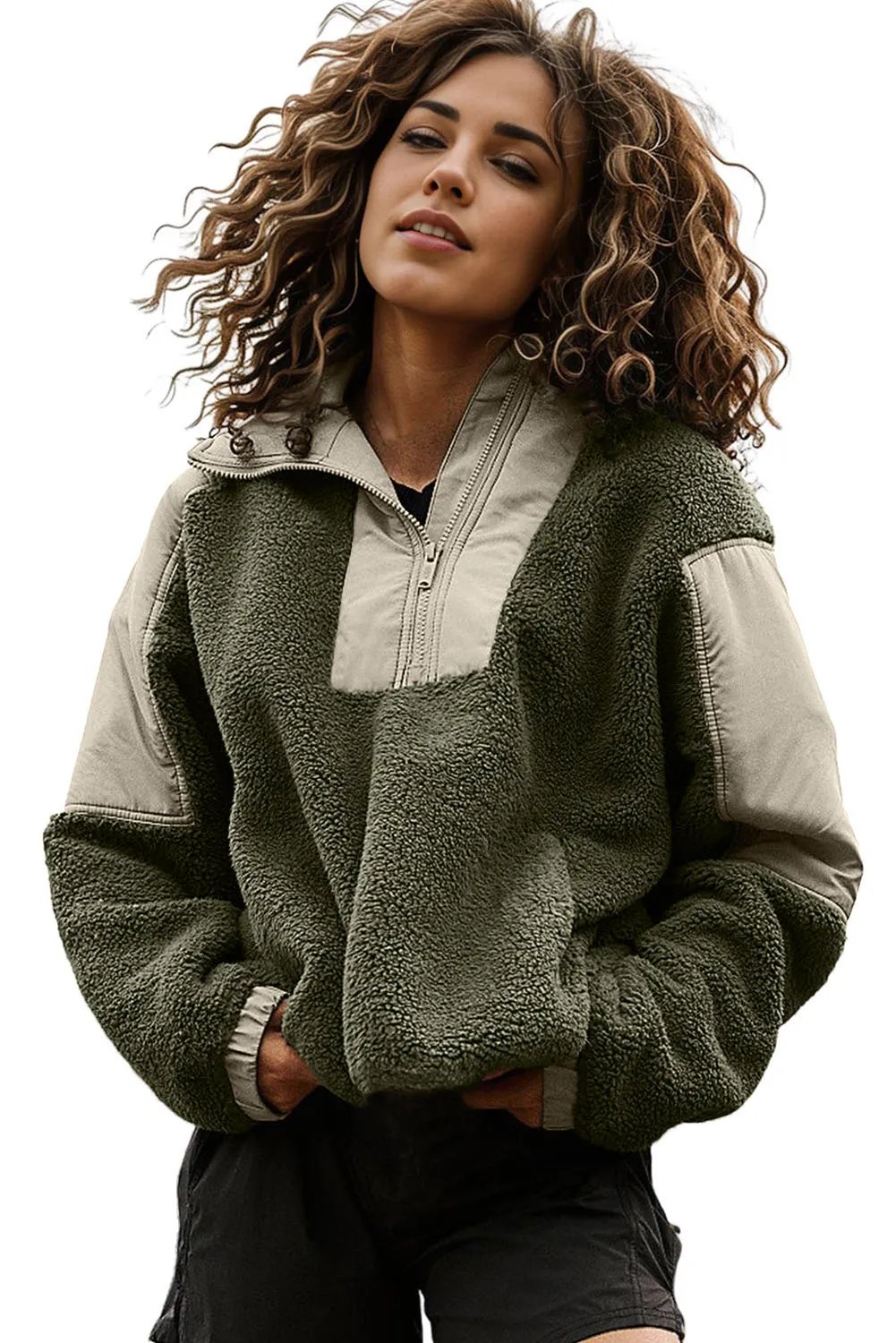 Green Contrast Patchwork Zip Neck Fleece Hoodie