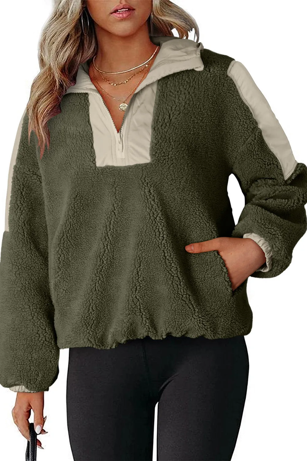 Green Contrast Patchwork Zip Neck Fleece Hoodie