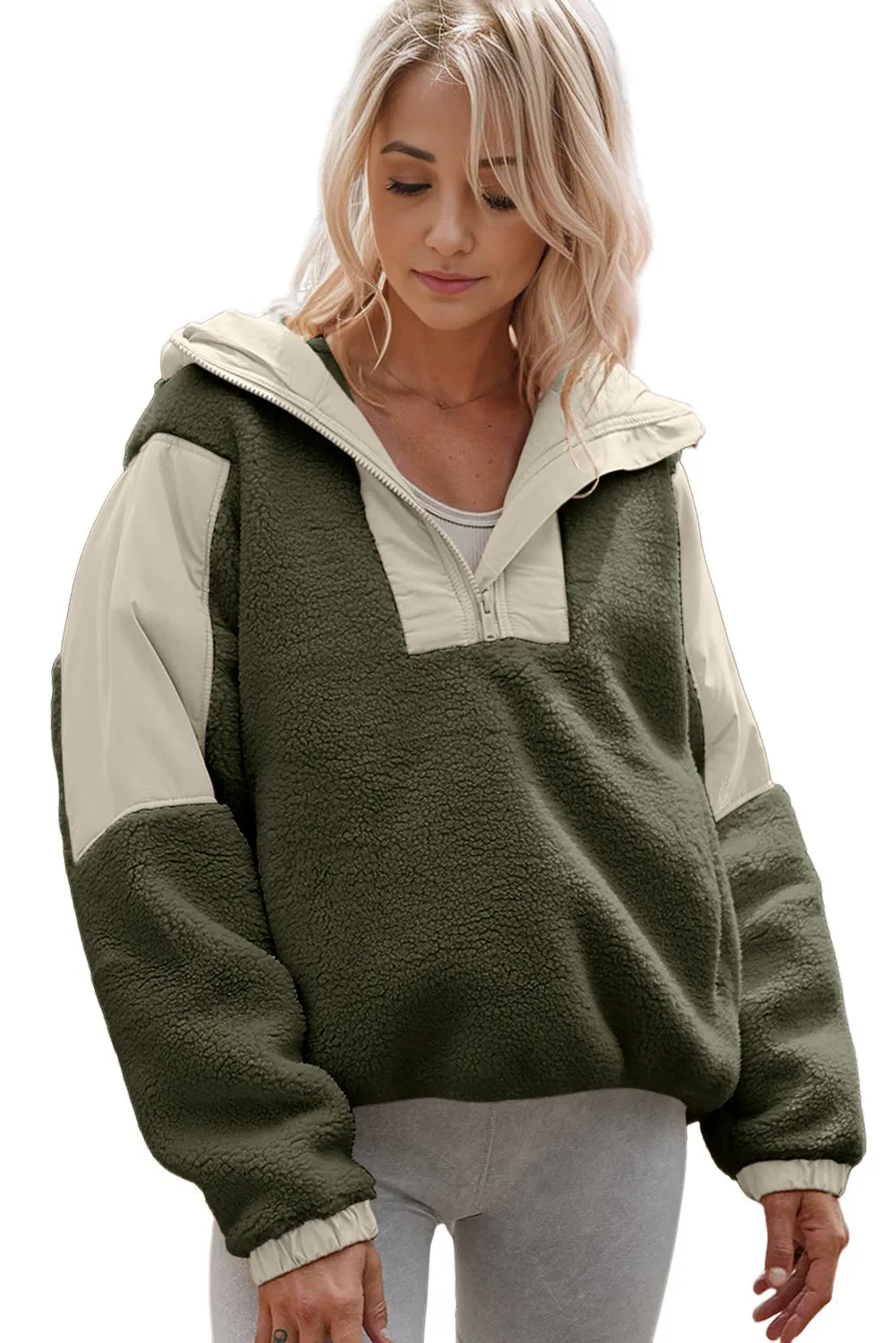 Green Contrast Patchwork Zip Neck Fleece Hoodie