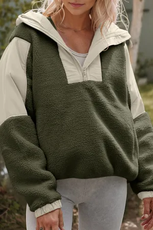 Green Contrast Patchwork Zip Neck Fleece Hoodie