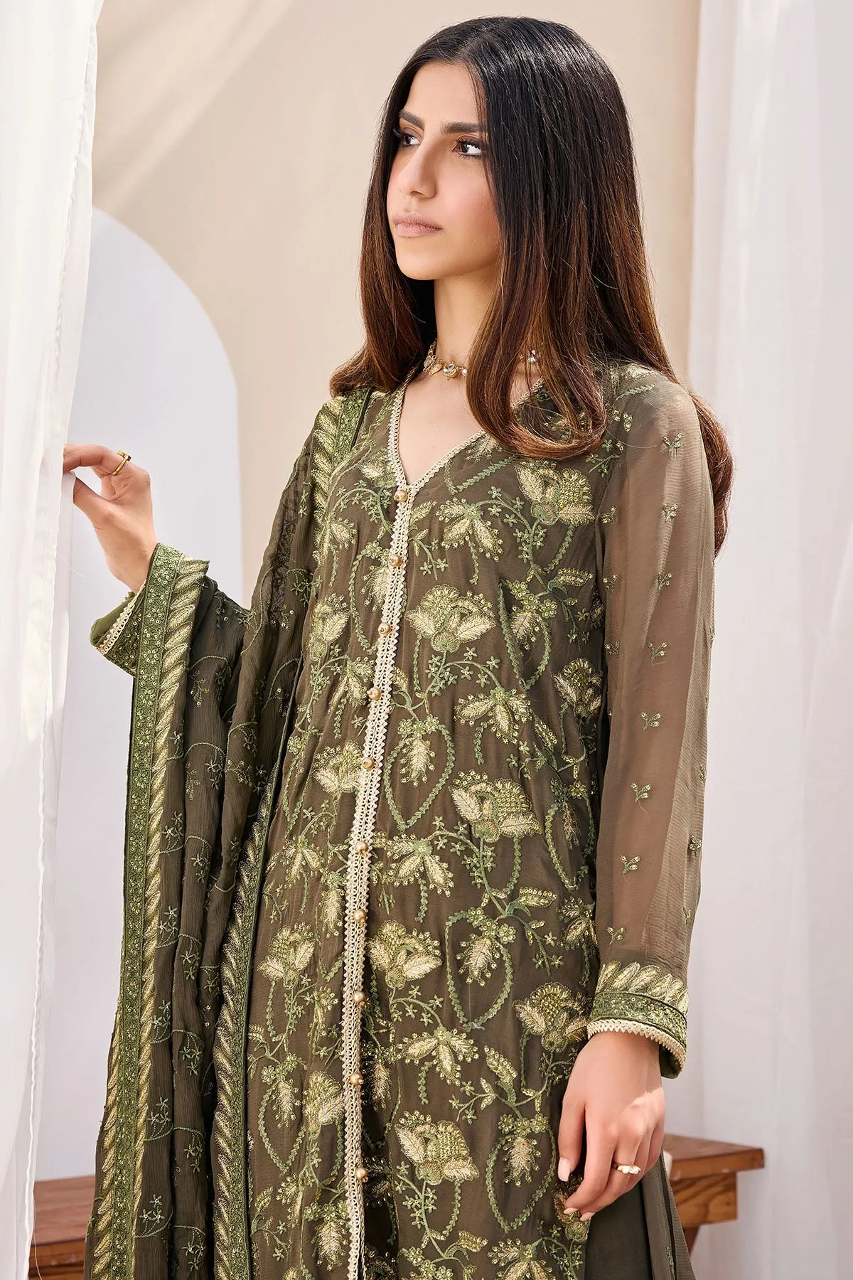 Green Embellished Kameez and Trousers Pakistani Eid Dress