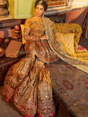 Heavily Embroidered Golden Sharara for Mehendi #BN812
