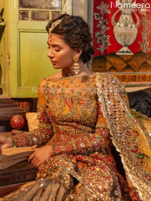 Heavily Embroidered Golden Sharara for Mehendi #BN812