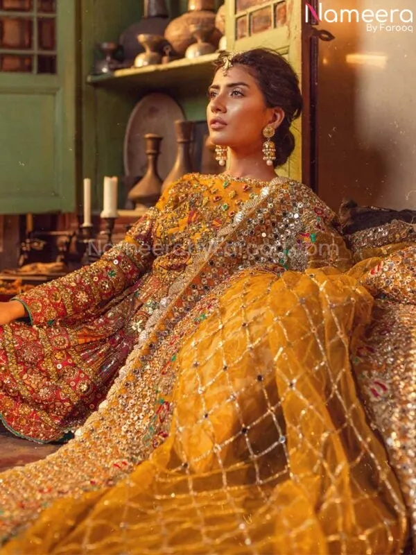 Heavily Embroidered Golden Sharara for Mehendi #BN812