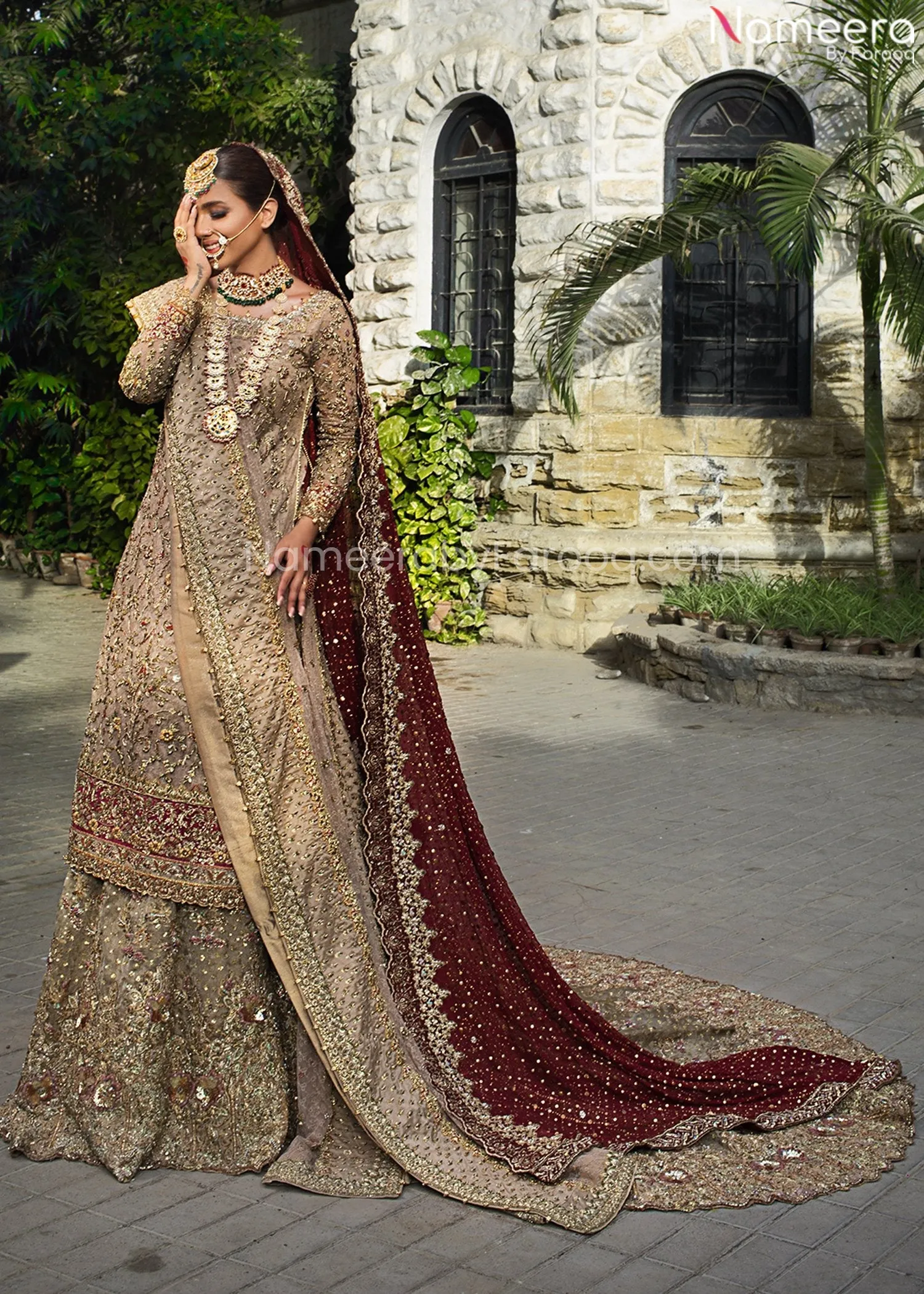 Heavy Golden Bridal Lehenga Shirt Wedding Attire #BN878