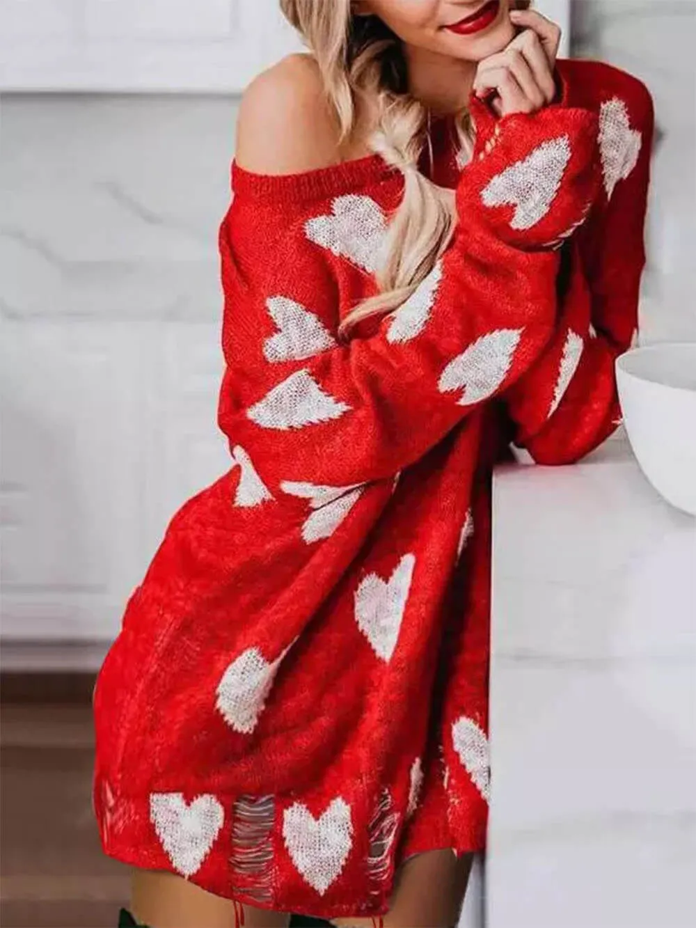 Hollow Out Hole Charming Heart Sweater Dress