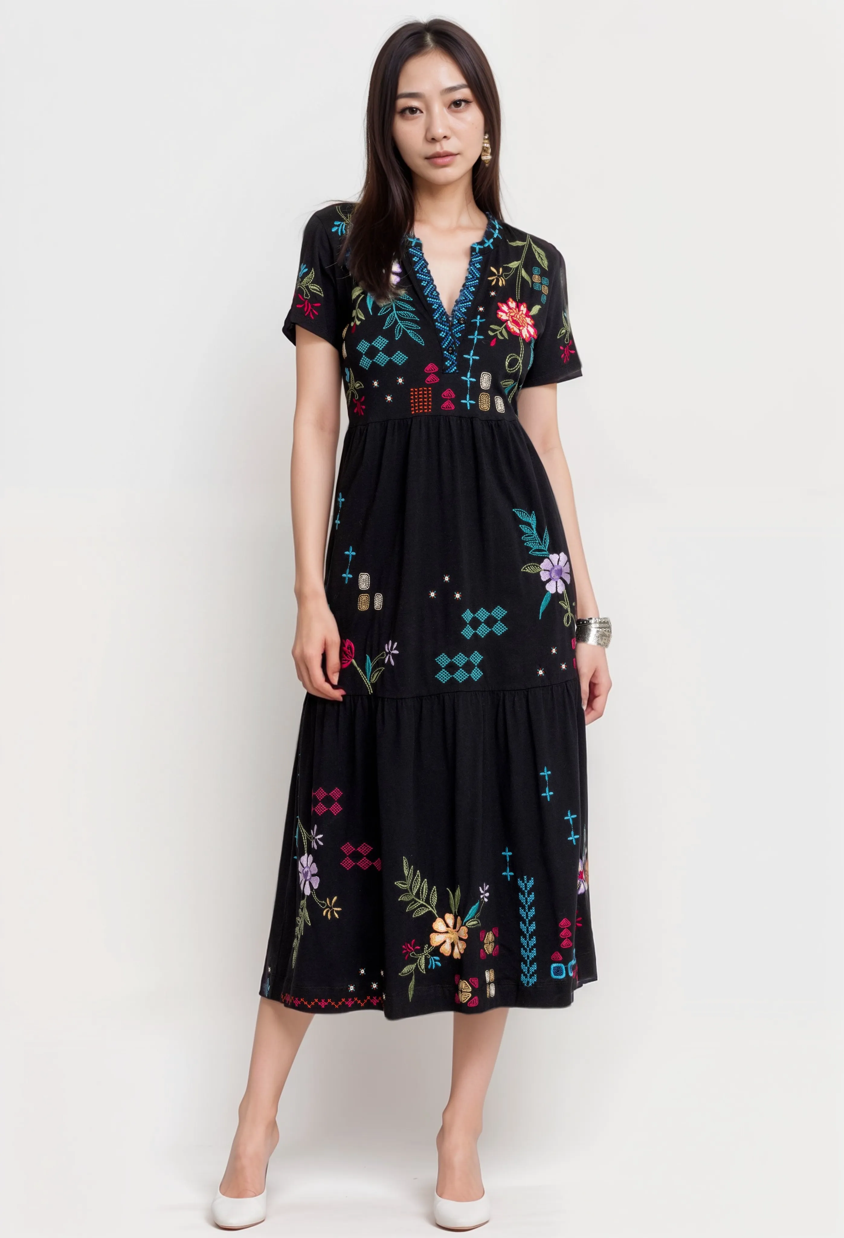 Johnny Was JWLA  Katie Henley Tiered Knit Midi Dress Boho Chic J31124