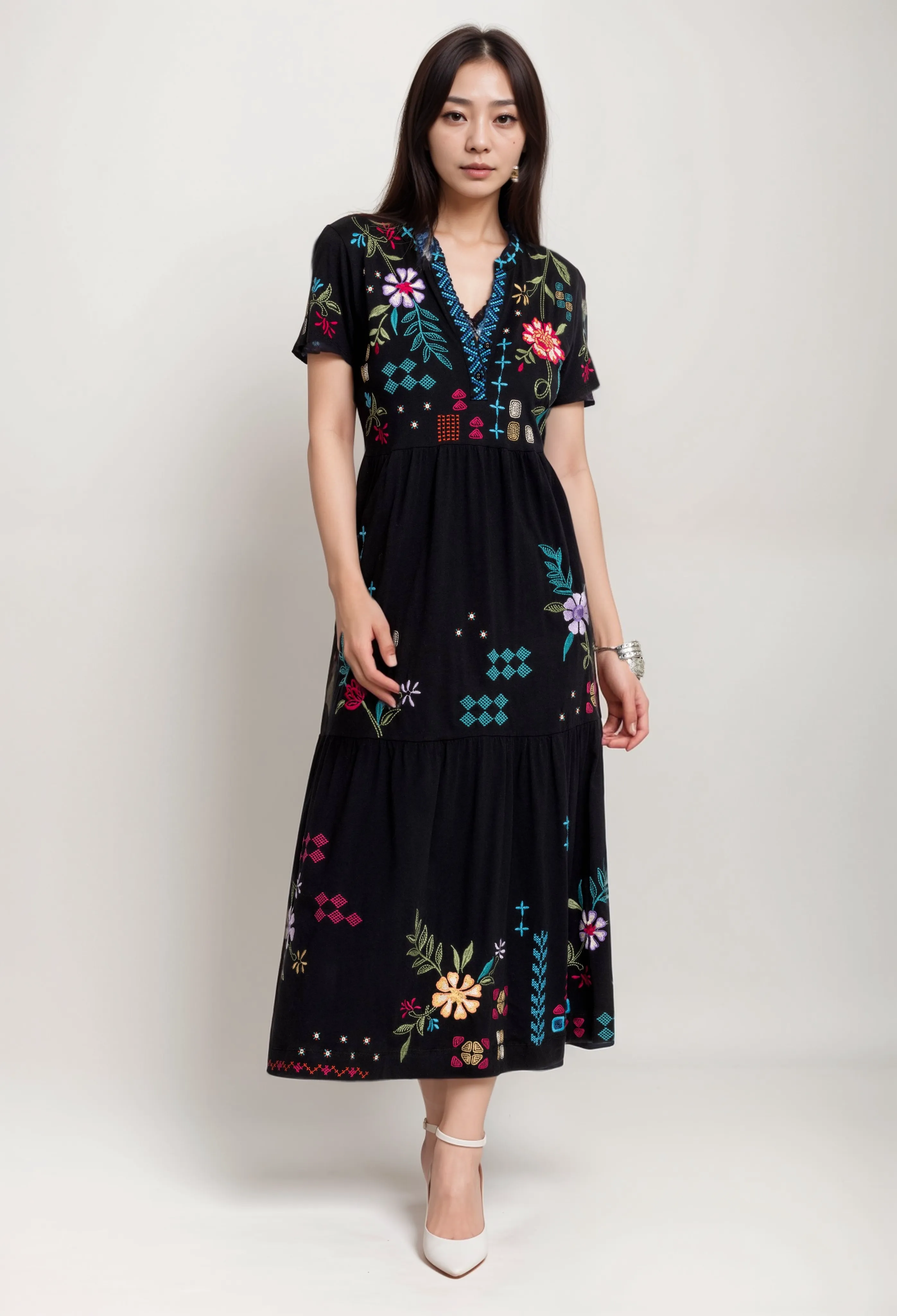 Johnny Was JWLA  Katie Henley Tiered Knit Midi Dress Boho Chic J31124