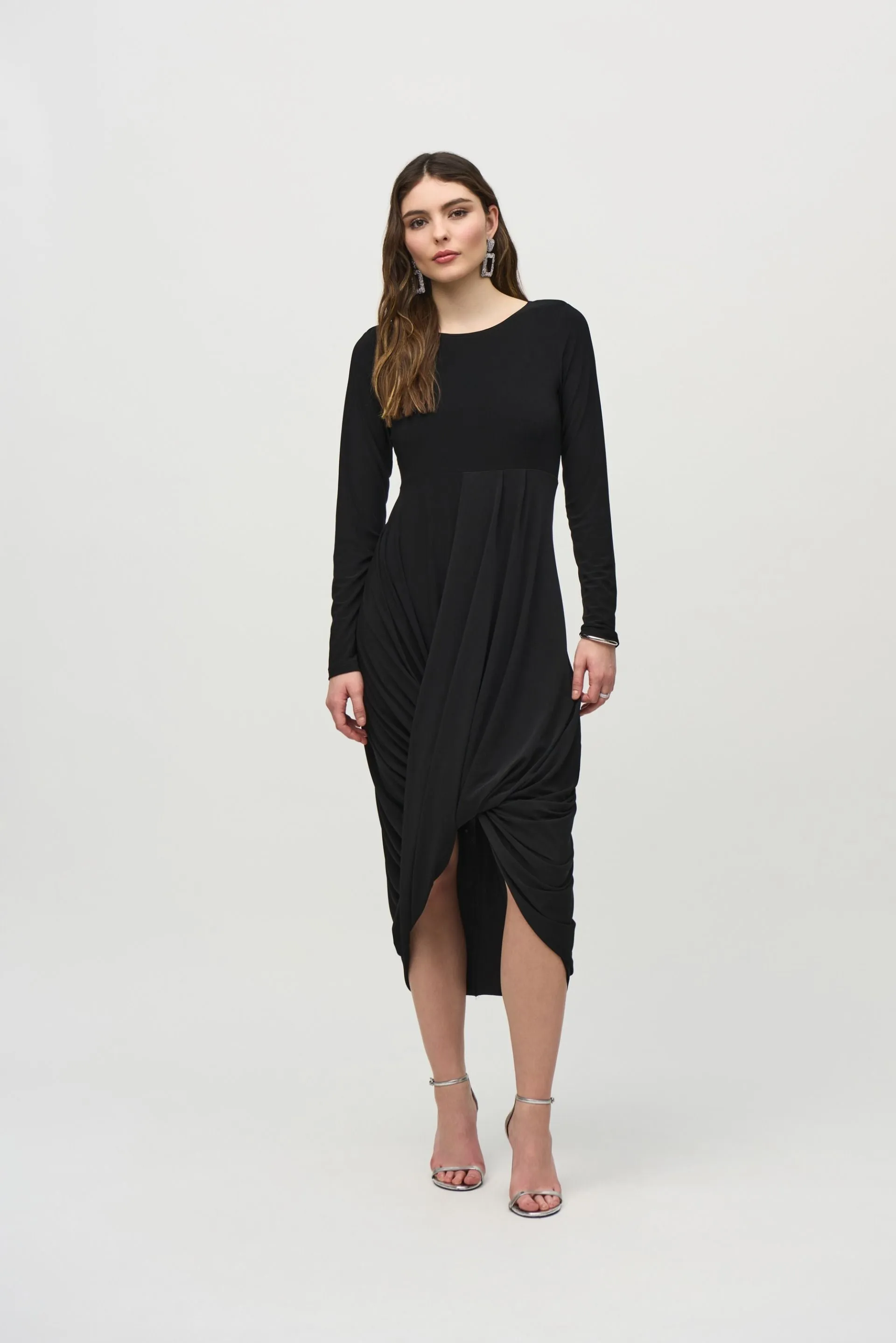 Joseph Ribkoff Black Pleated Midi Cocoon Dress 244250