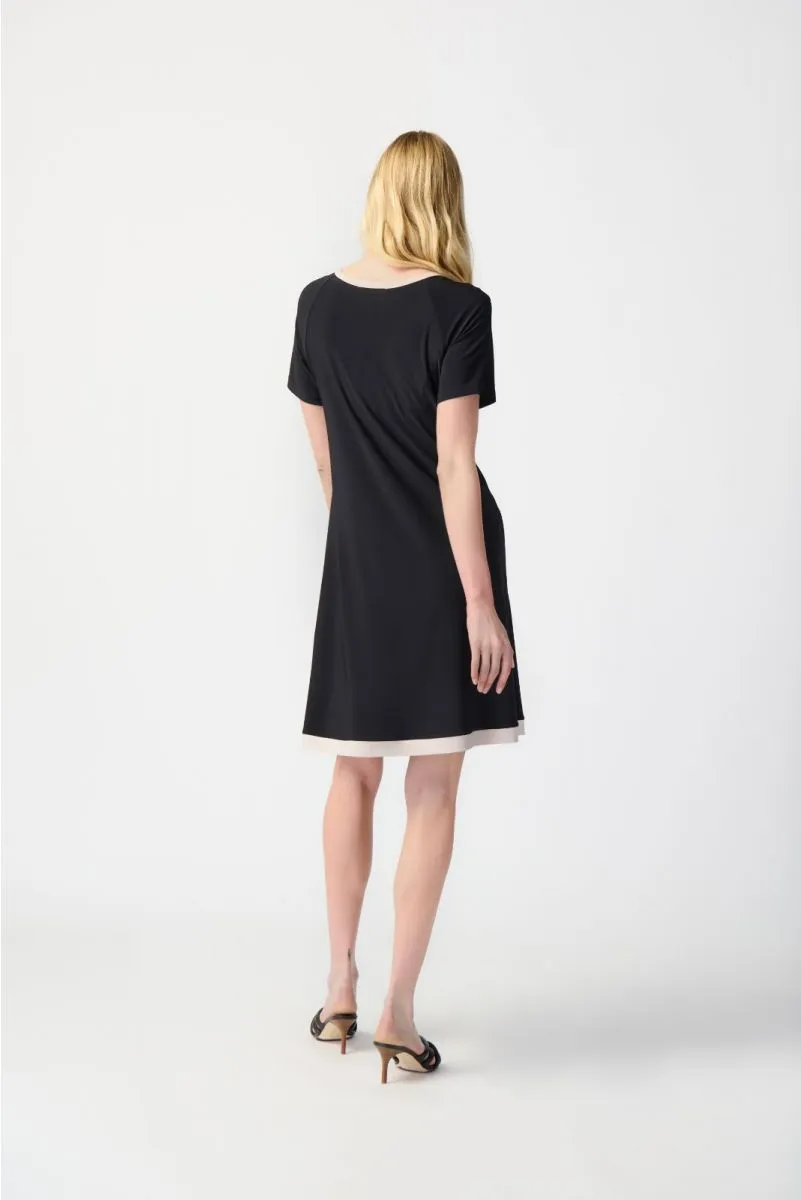 Joseph Ribkoff Black/Moonstone Striped Mesh Insert T-Shirt Dress 241051