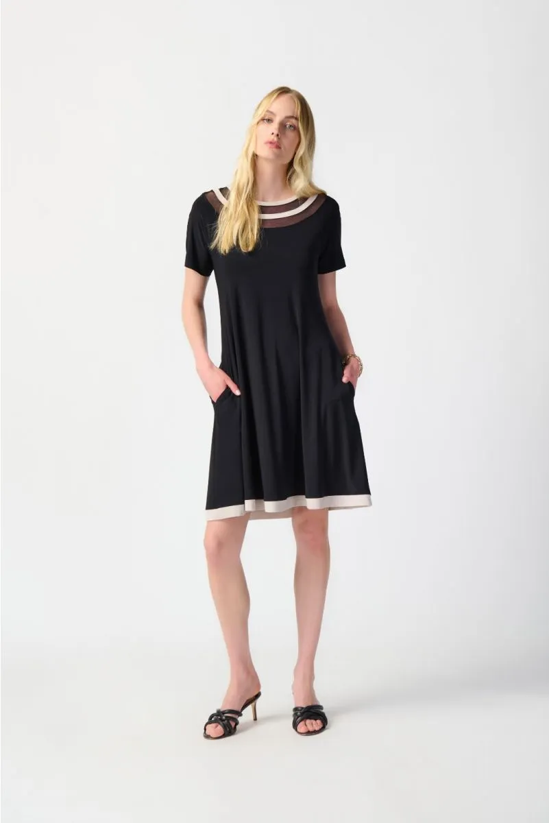 Joseph Ribkoff Black/Moonstone Striped Mesh Insert T-Shirt Dress 241051