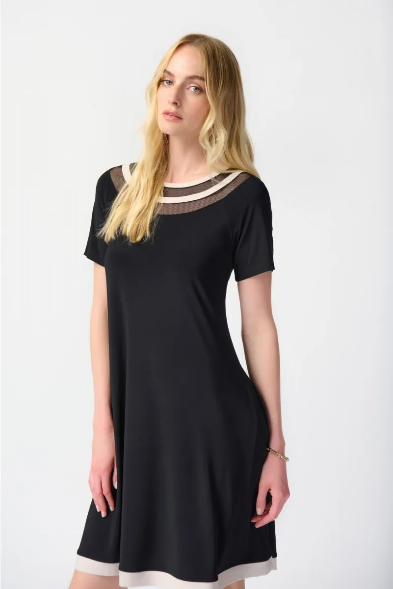 Joseph Ribkoff Black/Moonstone Striped Mesh Insert T-Shirt Dress 241051