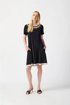 Joseph Ribkoff Black/Moonstone Striped Mesh Insert T-Shirt Dress 241051