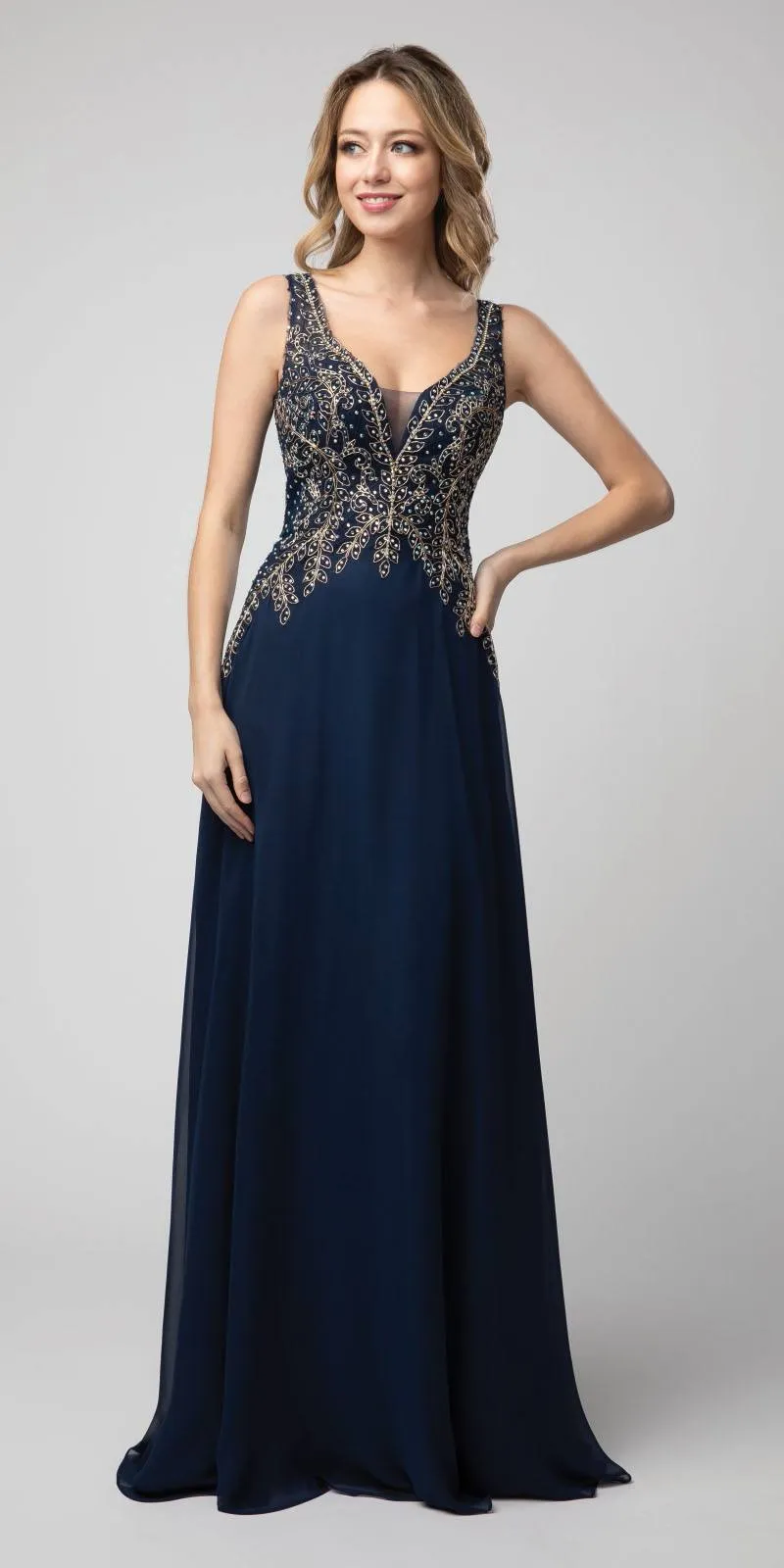 Juno 926 A-Line Long Formal Dress Appliqued Bodice