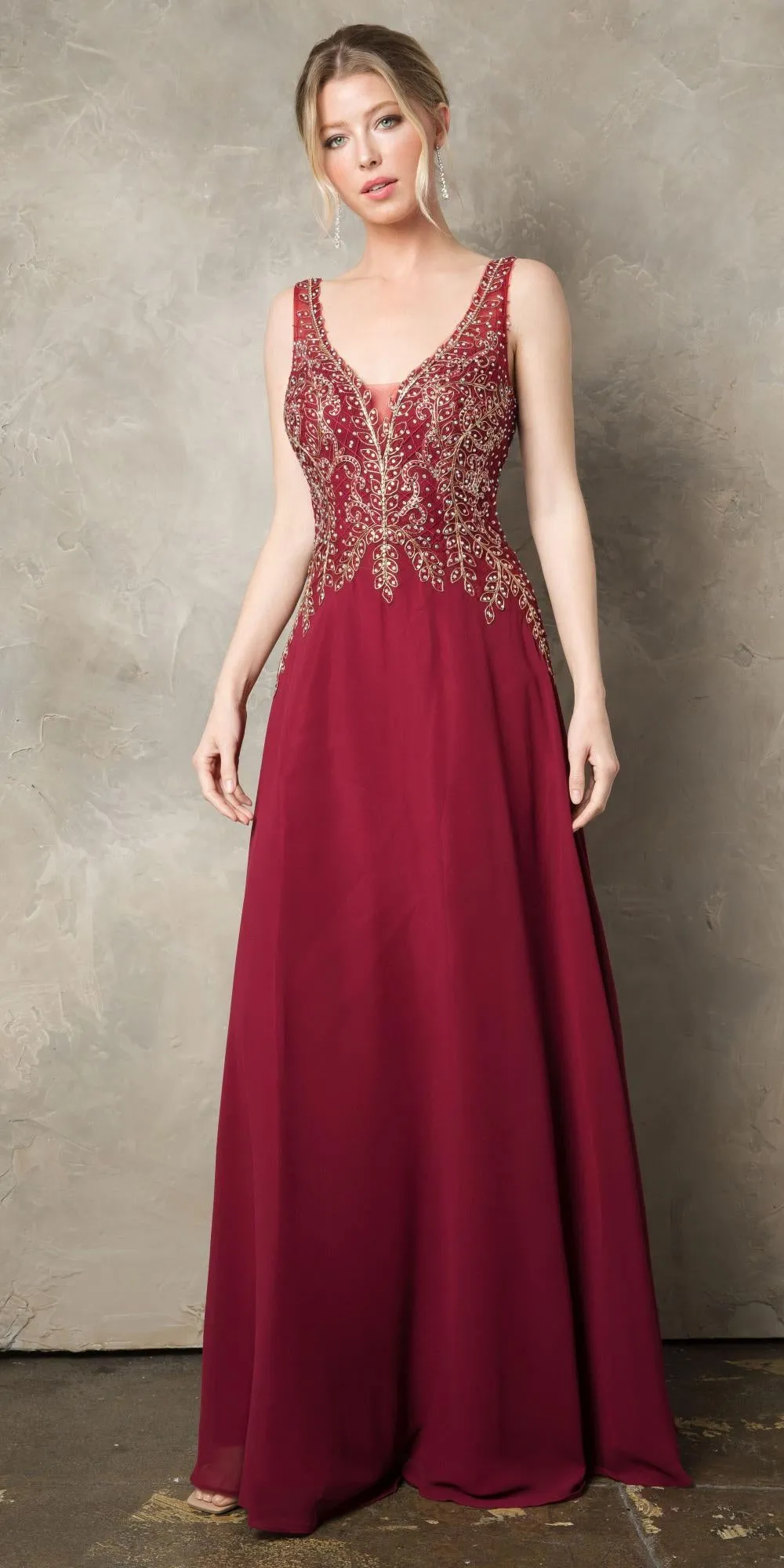Juno 926 A-Line Long Formal Dress Appliqued Bodice