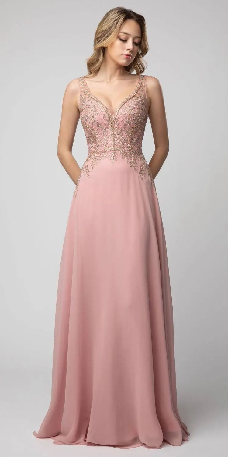 Juno 926 A-Line Long Formal Dress Appliqued Bodice