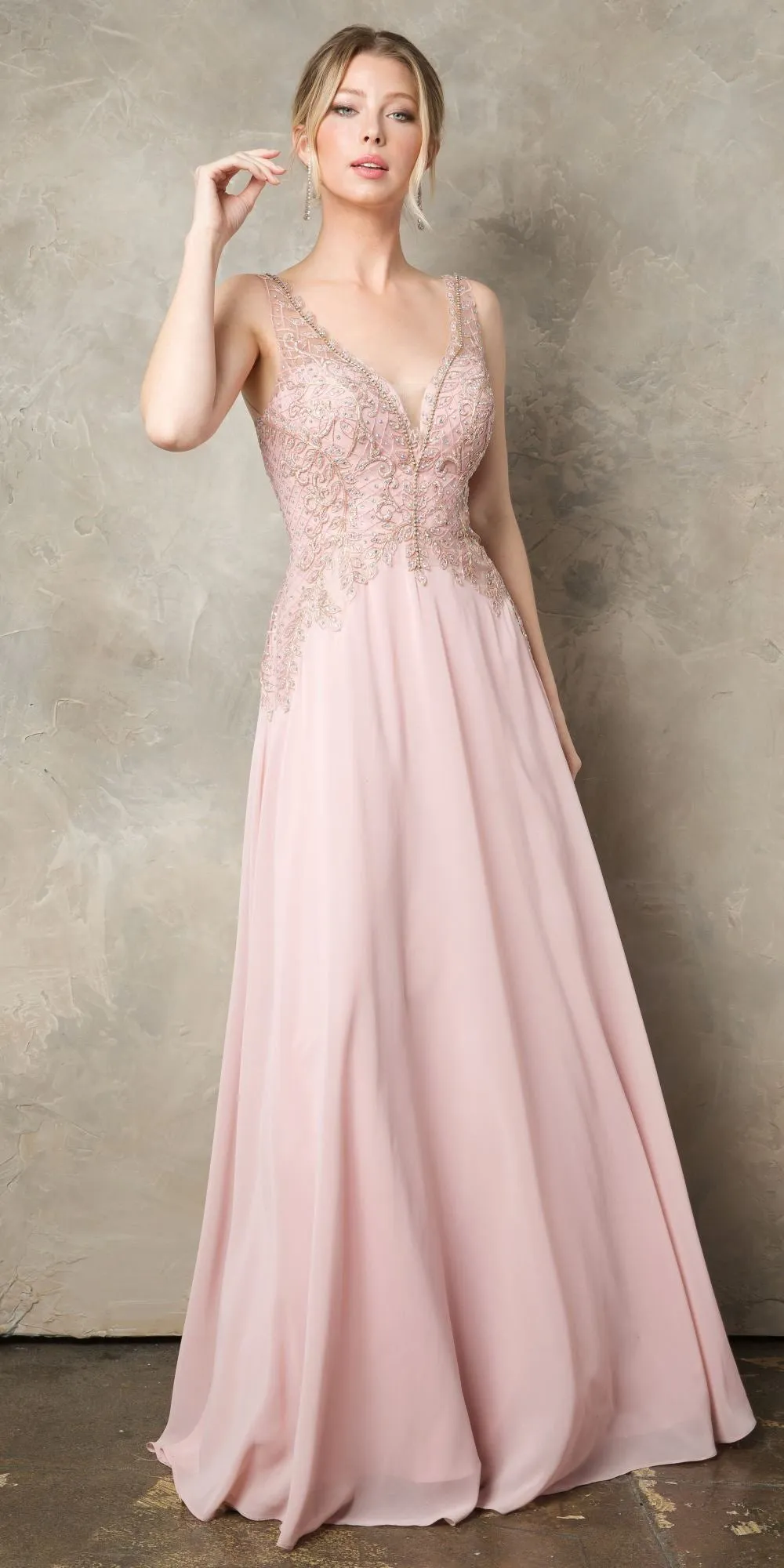 Juno 926 A-Line Long Formal Dress Appliqued Bodice