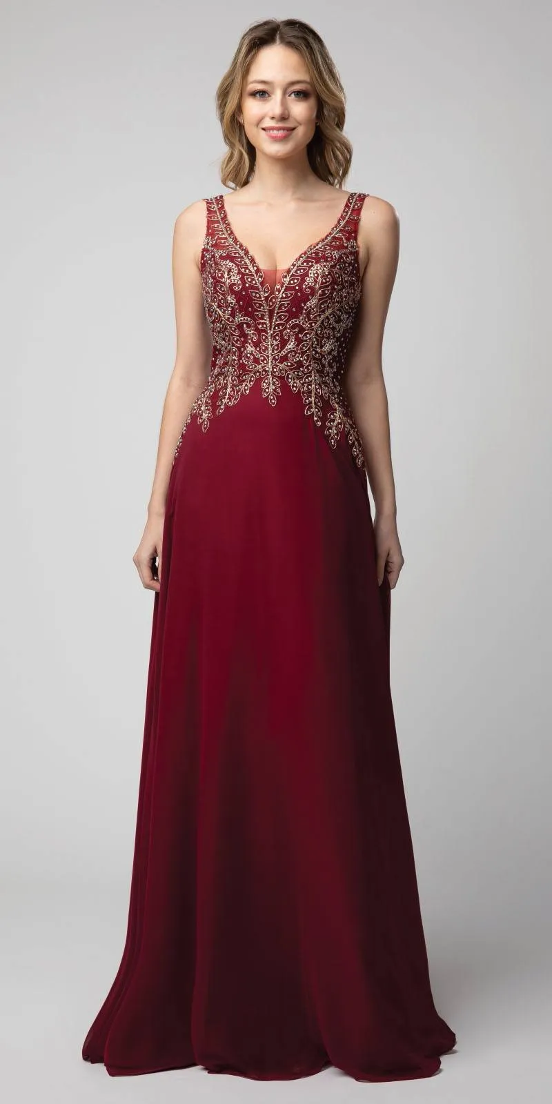 Juno 926 A-Line Long Formal Dress Appliqued Bodice
