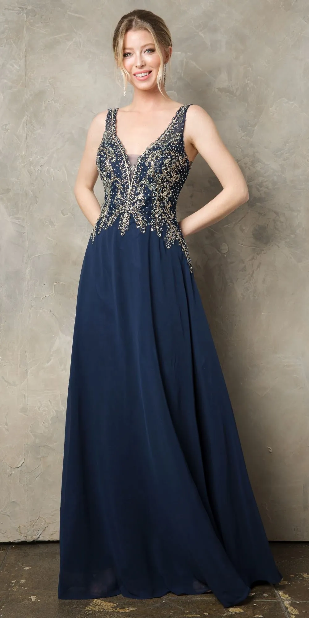 Juno 926 A-Line Long Formal Dress Appliqued Bodice