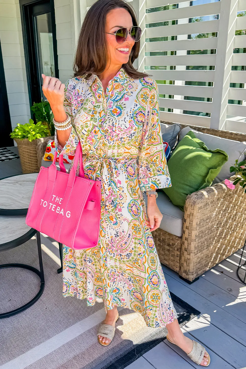 KaleaBoutique Paisley Print Buttoned Knotted High Waist Midi Dress