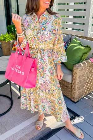 KaleaBoutique Paisley Print Buttoned Knotted High Waist Midi Dress