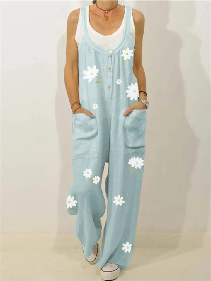 Laid-Back Scoop Neck Front Patch Pocket Daisy Print Straight-Leg Jumpsuit