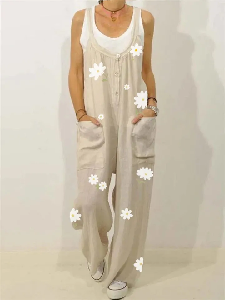 Laid-Back Scoop Neck Front Patch Pocket Daisy Print Straight-Leg Jumpsuit