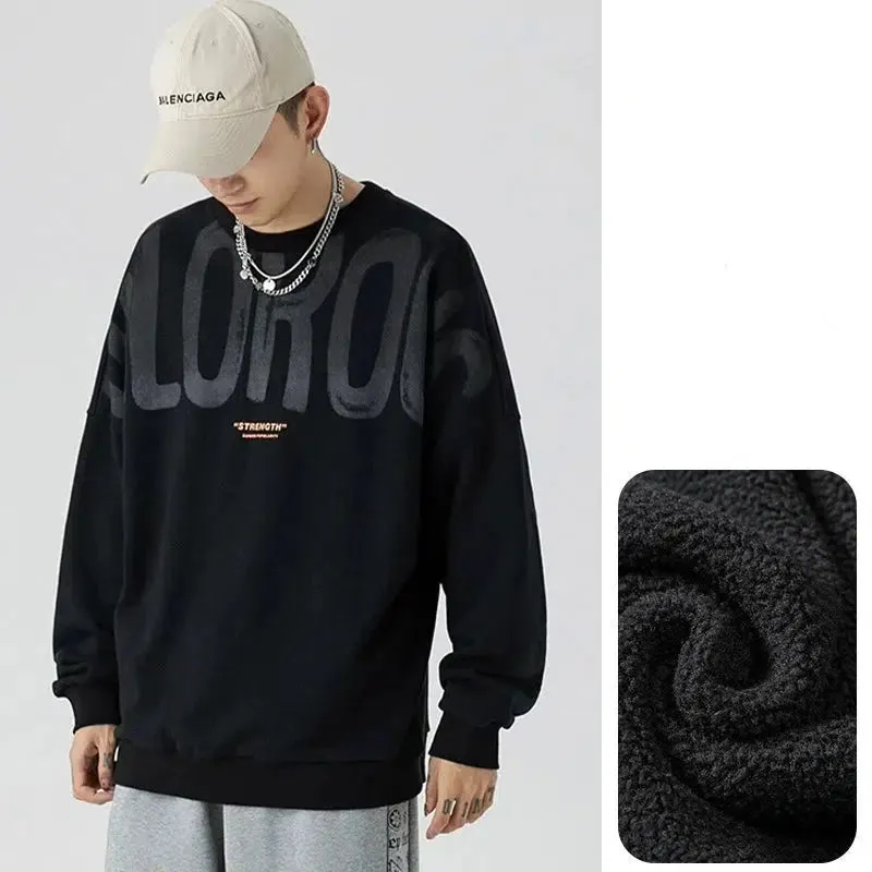 Letter Print Round Neck Fleece Pullover