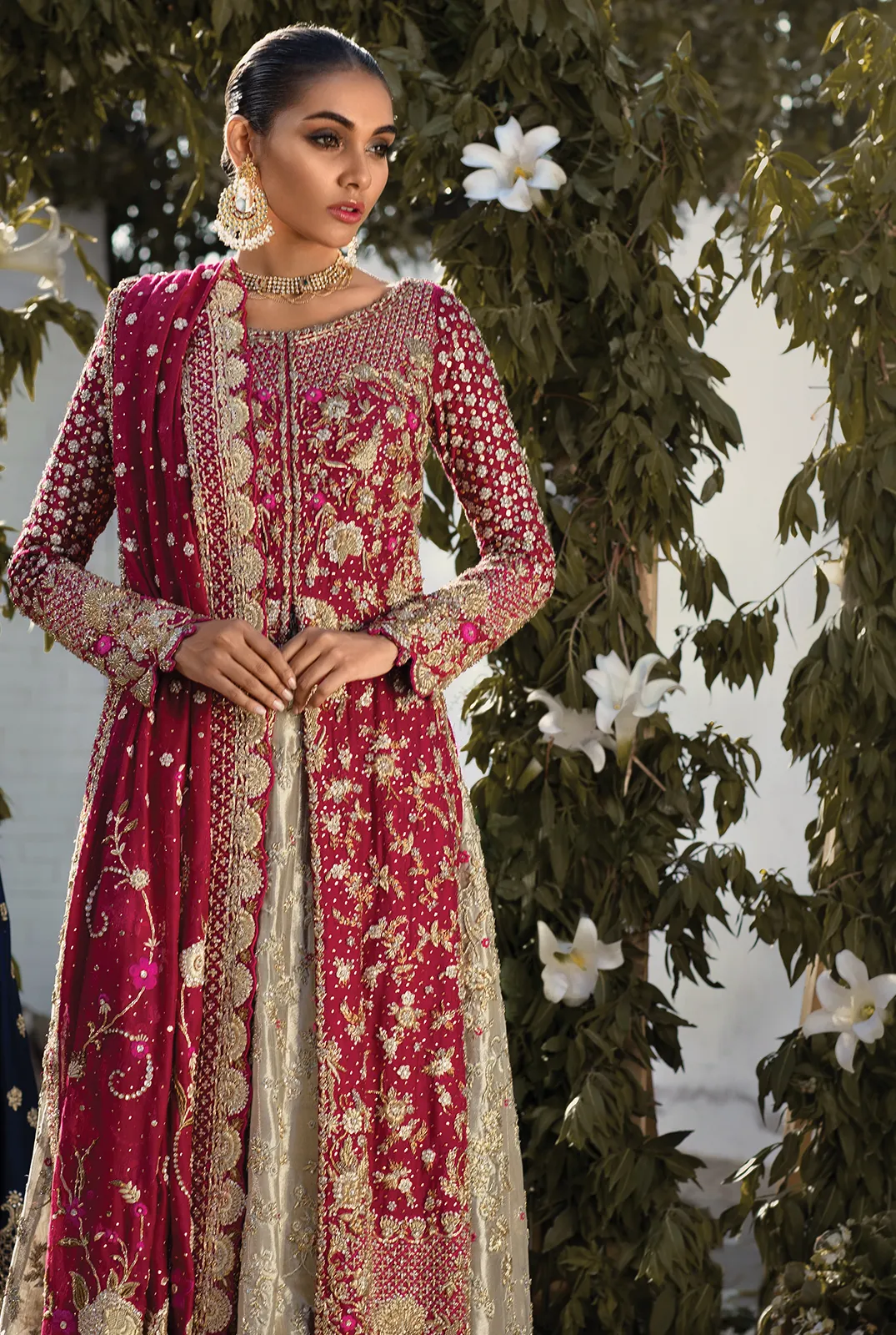 Long Open Shirt with Tissue Lehnga in Red Color #Y6088