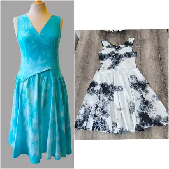 Luna Luz Cross Over Botanical Bodice Tie Dye A-Line Midi Dress Small